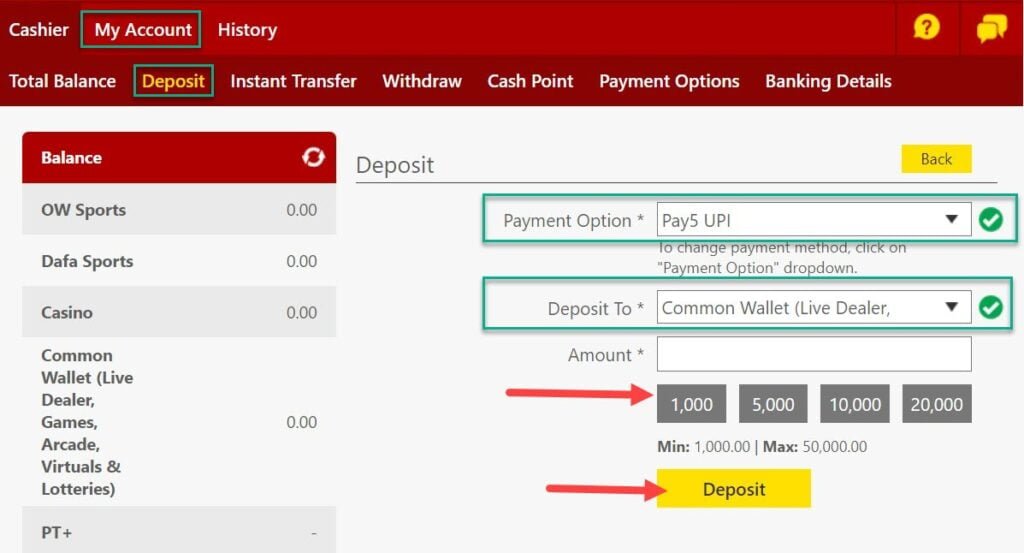 Deposit money to Dafabet